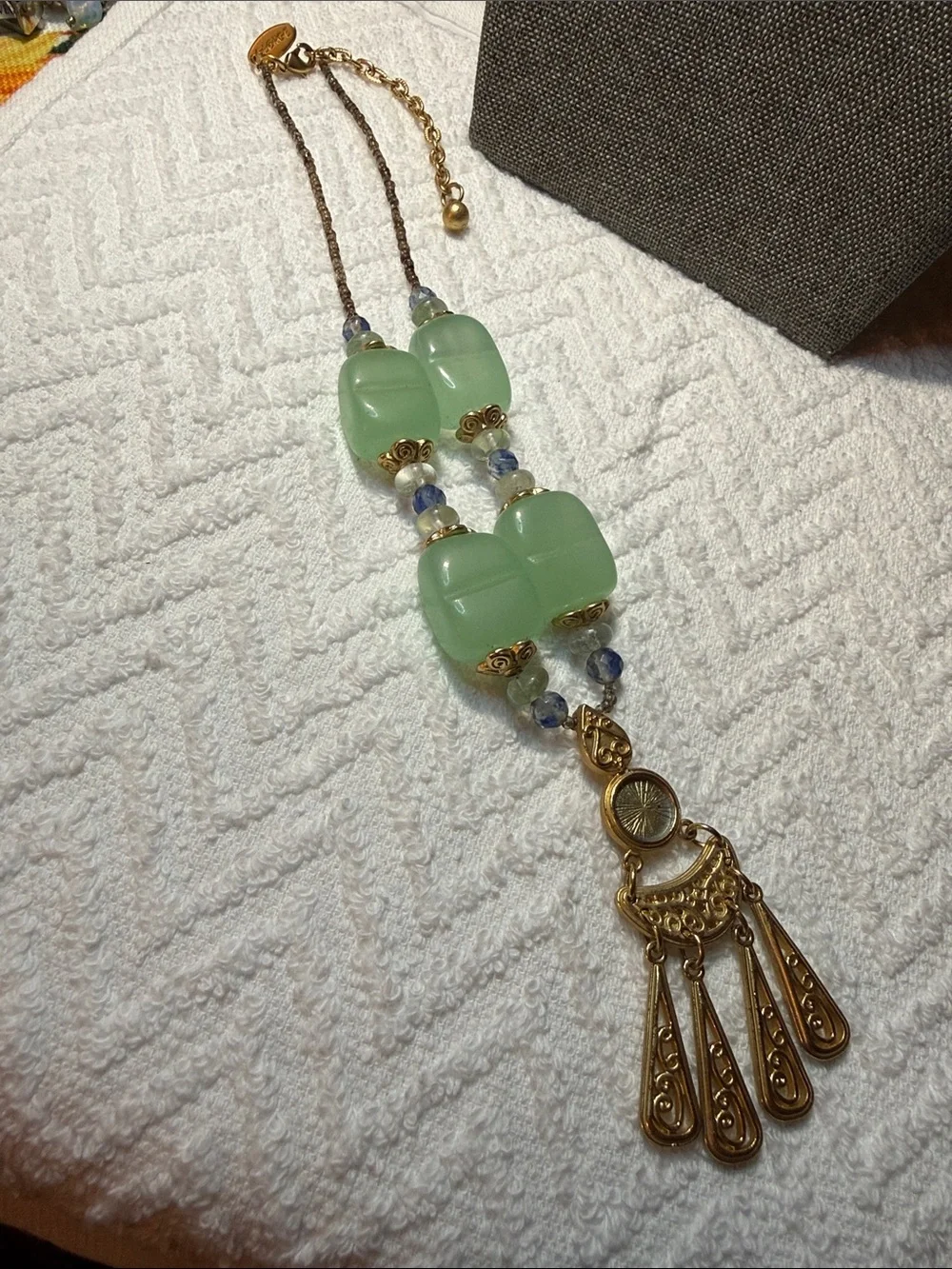 George Gold-Tone Filigree Pendant Necklace with Mint Green and Blue Glass Beads